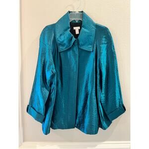 Chico's Lustrous Shine Sindy Blazer Jacket Womens L Teal Button Up Collard Sz 2